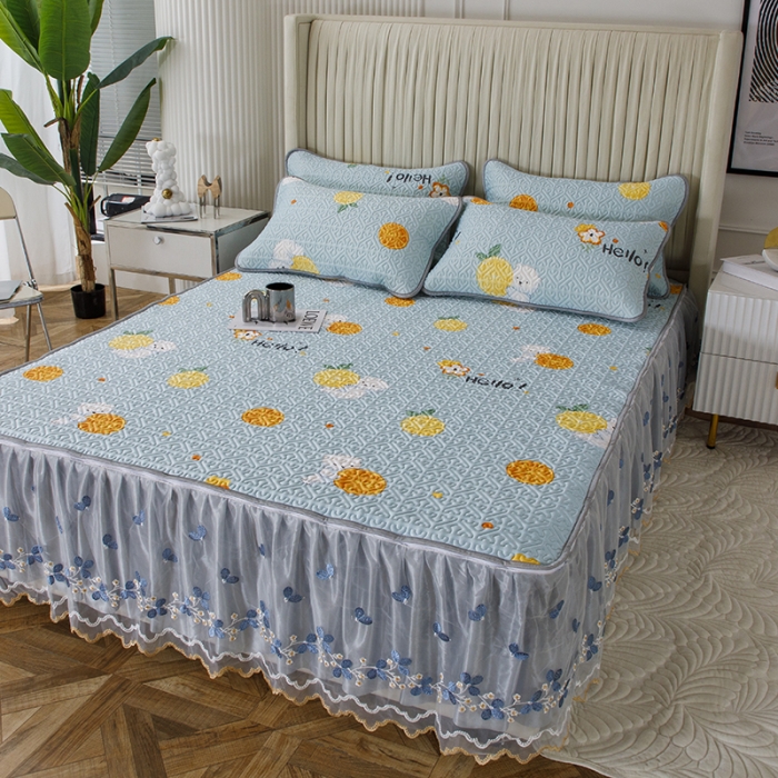 91家纺网 家纺一手货源 找家纺 纽缦家纺 2022新款花卉床裙三件套 柠檬熊蓝