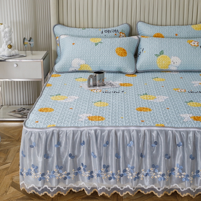 91家纺网 家纺一手货源 找家纺 纽缦家纺 2022新款花卉床裙三件套 柠檬熊蓝