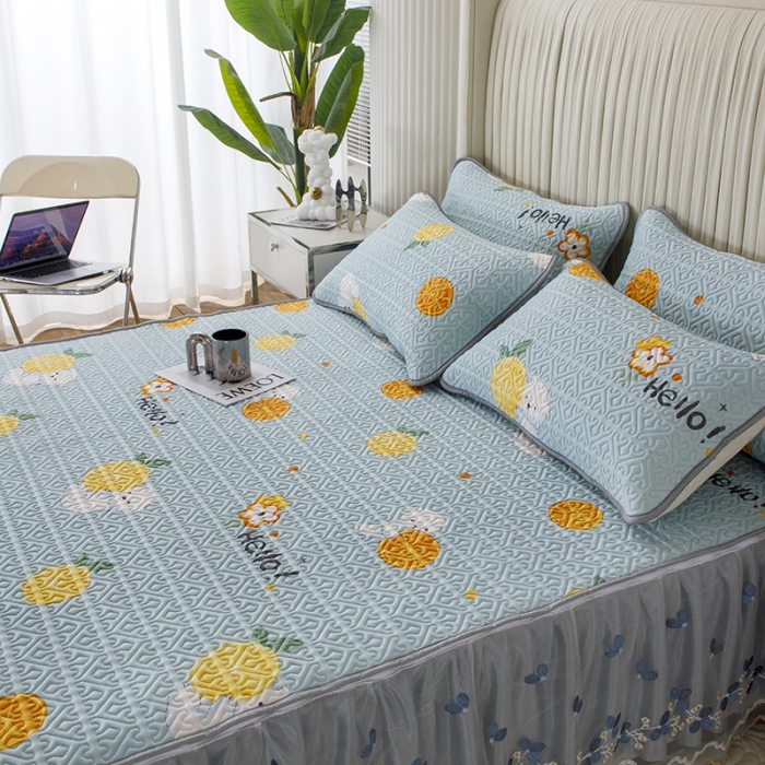 91家纺网 家纺一手货源 找家纺 纽缦家纺 2022新款花卉床裙三件套 柠檬熊蓝