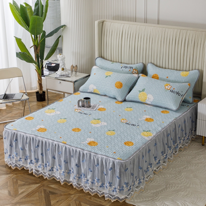 91家纺网 家纺一手货源 找家纺 纽缦家纺 2022新款花卉床裙三件套 柠檬熊蓝