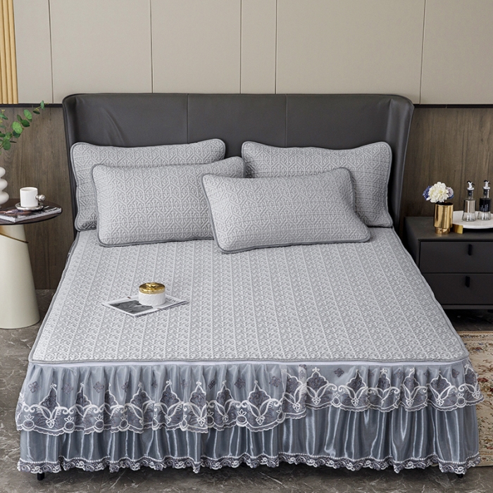 91家纺网 家纺一手货源 找家纺 纽缦家纺 2022新款纯色肌理纹床裙三件套 肌理纹灰色