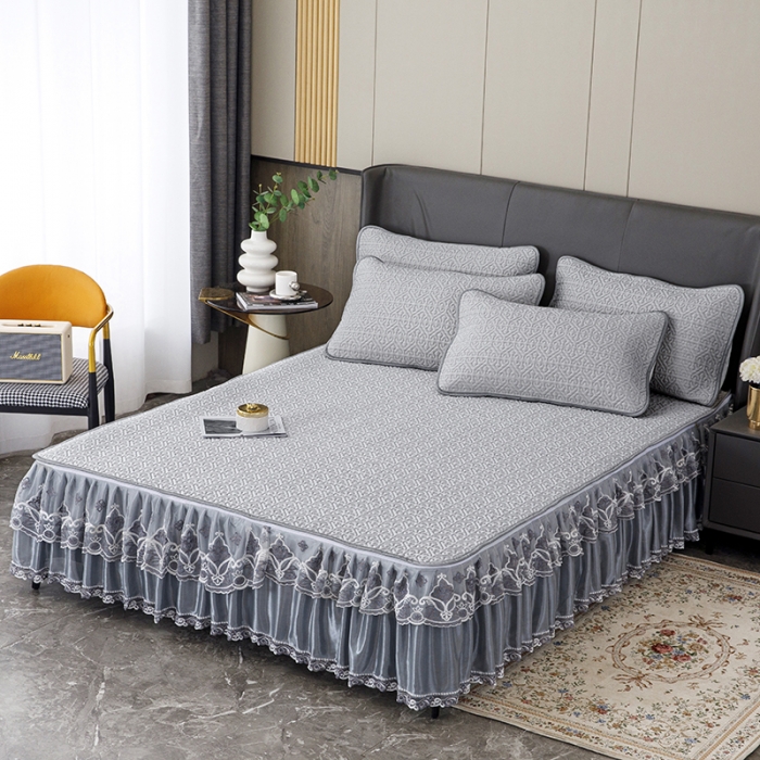 91家纺网 家纺一手货源 找家纺 纽缦家纺 2022新款纯色肌理纹床裙三件套 肌理纹灰色