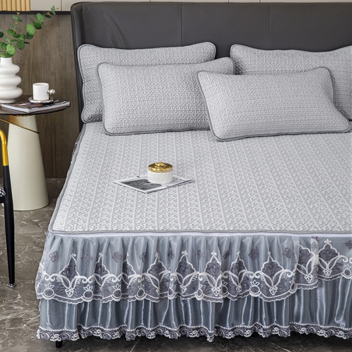 91家纺网 家纺一手货源 找家纺 纽缦家纺 2022新款纯色肌理纹床裙三件套 肌理纹灰色