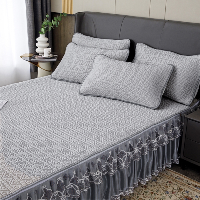 91家纺网 家纺一手货源 找家纺 纽缦家纺 2022新款纯色肌理纹床裙三件套 肌理纹灰色