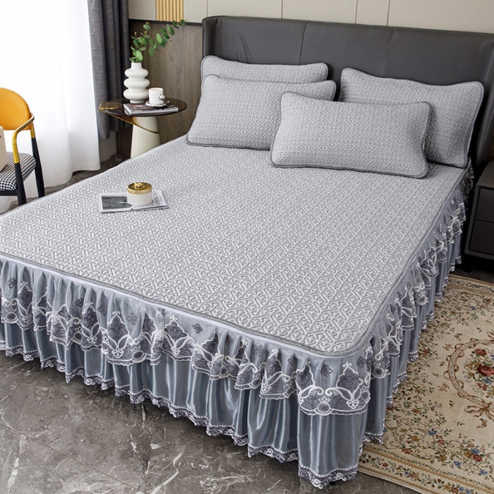 91家纺网 家纺一手货源 找家纺 纽缦家纺 2022新款纯色肌理纹床裙三件套 肌理纹灰色