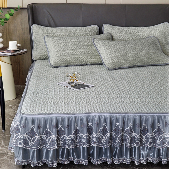 91家纺网 家纺一手货源 找家纺 纽缦家纺 2022新款纯色肌理纹床裙三件套 肌理纹淡绿