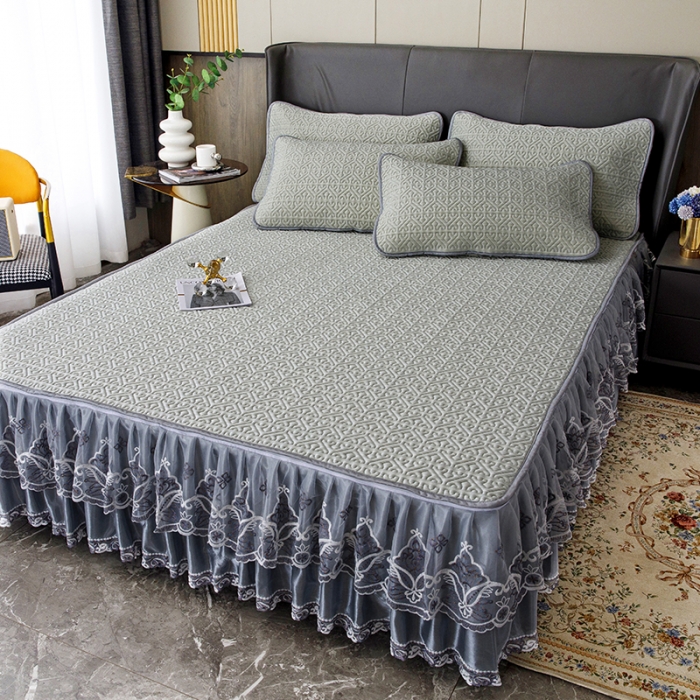 91家纺网 家纺一手货源 找家纺 纽缦家纺 2022新款纯色肌理纹床裙三件套 肌理纹淡绿