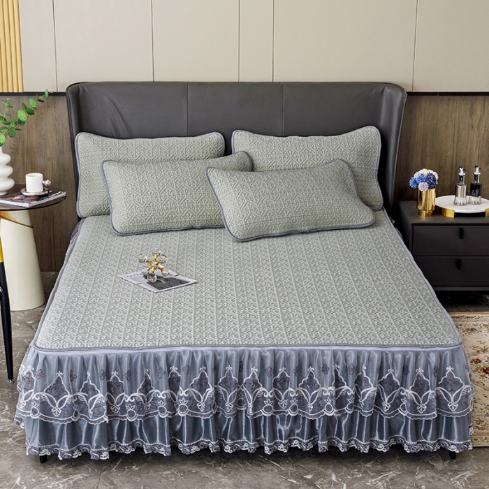 91家纺网 家纺一手货源 找家纺 纽缦家纺 2022新款纯色肌理纹床裙三件套 肌理纹淡绿