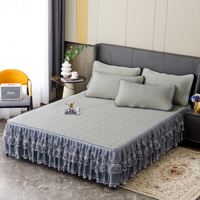 91家纺网 家纺一手货源 找家纺 纽缦家纺 2022新款纯色肌理纹床裙三件套 肌理纹淡绿