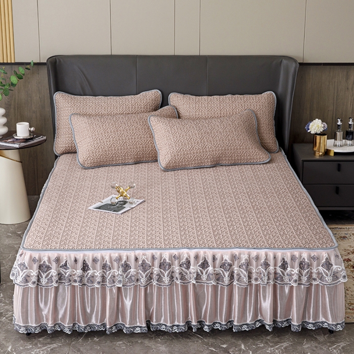 91家纺网 家纺一手货源 找家纺 纽缦家纺 2022新款纯色肌理纹床裙三件套 肌理纹豆沙