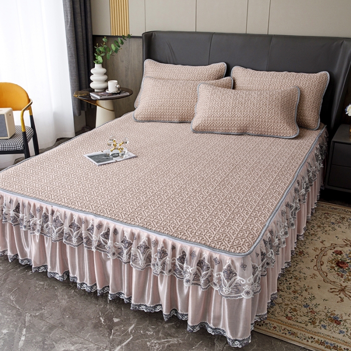 91家纺网 家纺一手货源 找家纺 纽缦家纺 2022新款纯色肌理纹床裙三件套 肌理纹豆沙