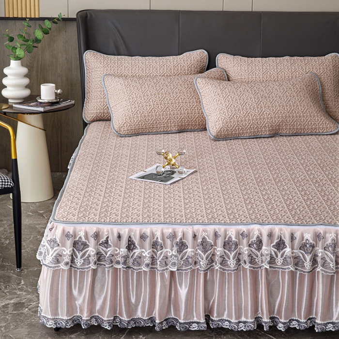 91家纺网 家纺一手货源 找家纺 纽缦家纺 2022新款纯色肌理纹床裙三件套 肌理纹豆沙