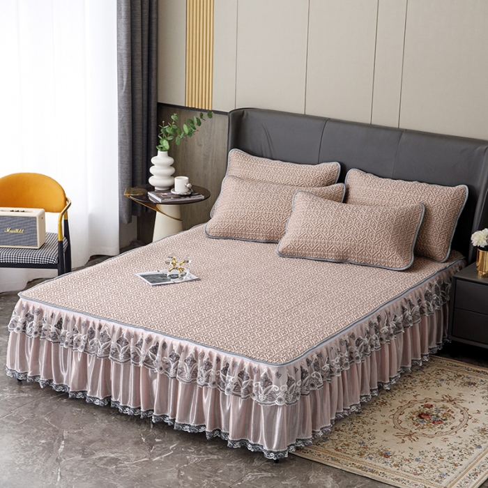 91家纺网 家纺一手货源 找家纺 纽缦家纺 2022新款纯色肌理纹床裙三件套 肌理纹豆沙