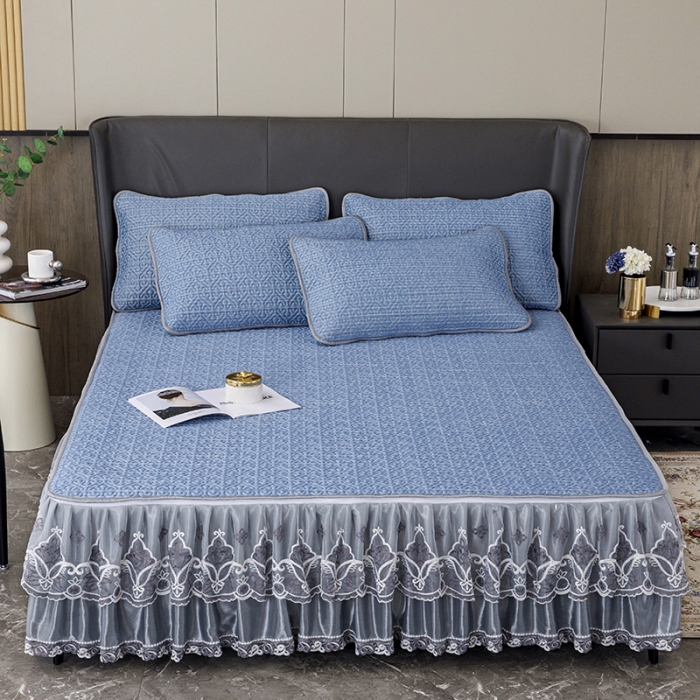 91家纺网 家纺一手货源 找家纺 纽缦家纺 2022新款纯色肌理纹床裙三件套 肌理纹海蓝