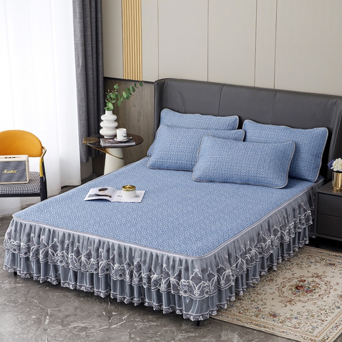 91家纺网 家纺一手货源 找家纺 纽缦家纺 2022新款纯色肌理纹床裙三件套 肌理纹海蓝