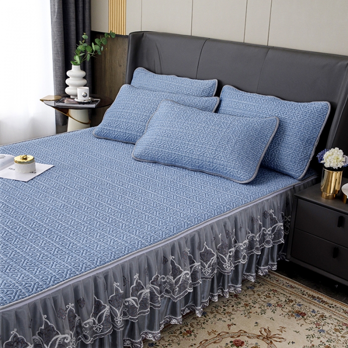 91家纺网 家纺一手货源 找家纺 纽缦家纺 2022新款纯色肌理纹床裙三件套 肌理纹海蓝