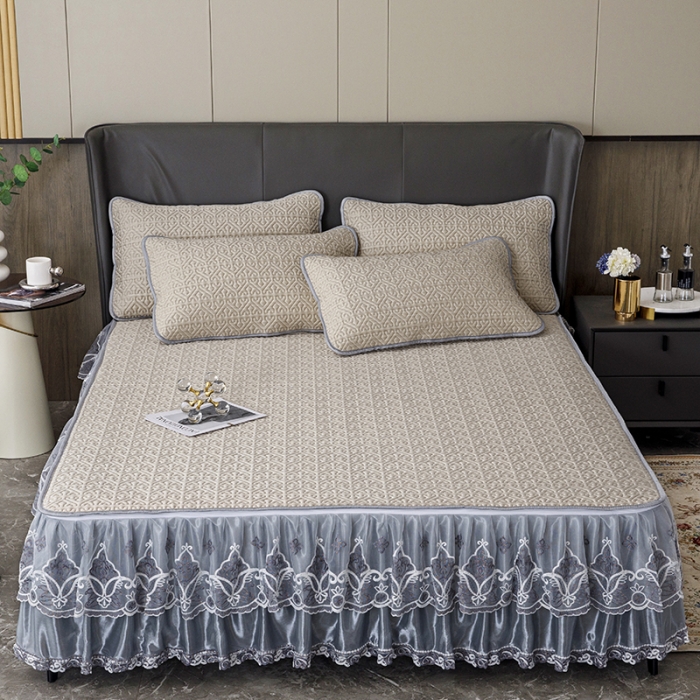 91家纺网 家纺一手货源 找家纺 纽缦家纺 2022新款纯色肌理纹床裙三件套 肌理纹咖色