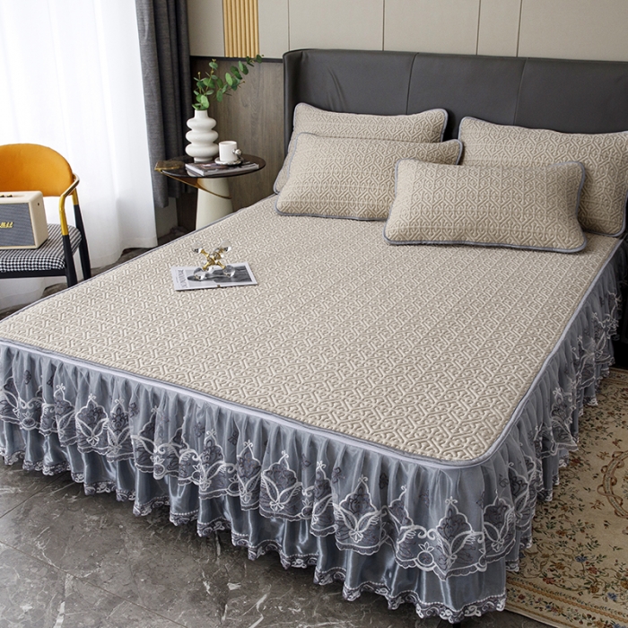 91家纺网 家纺一手货源 找家纺 纽缦家纺 2022新款纯色肌理纹床裙三件套 肌理纹咖色