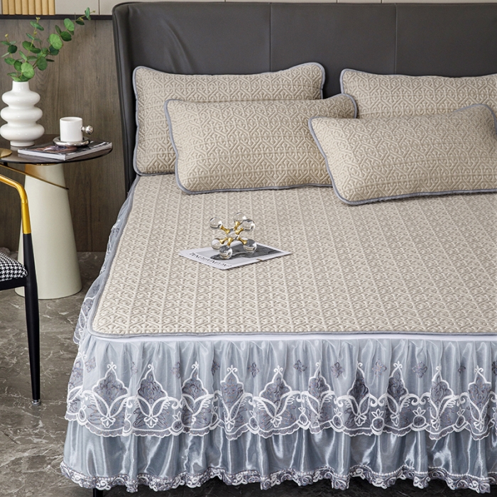 91家纺网 家纺一手货源 找家纺 纽缦家纺 2022新款纯色肌理纹床裙三件套 肌理纹咖色