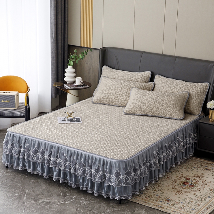 91家纺网 家纺一手货源 找家纺 纽缦家纺 2022新款纯色肌理纹床裙三件套 肌理纹咖色