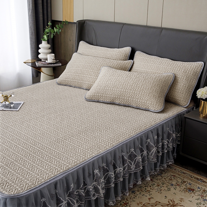 91家纺网 家纺一手货源 找家纺 纽缦家纺 2022新款纯色肌理纹床裙三件套 肌理纹咖色