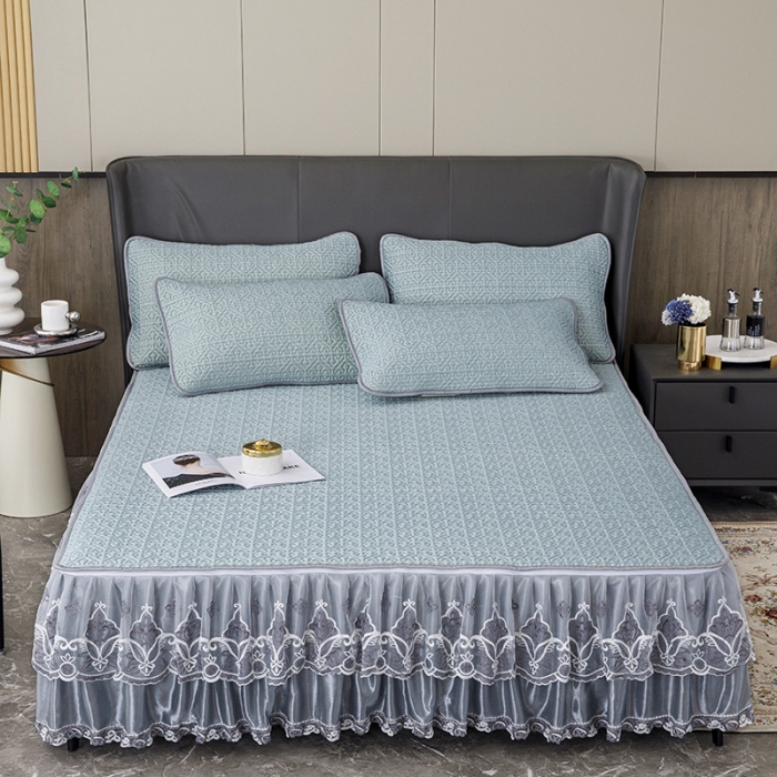 91家纺网 家纺一手货源 找家纺 纽缦家纺 2022新款纯色肌理纹床裙三件套 肌理纹蓝色