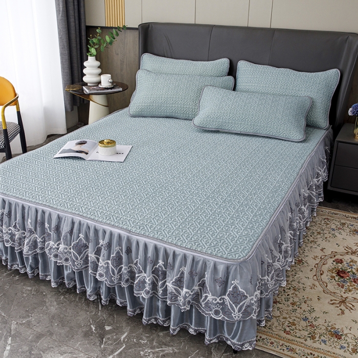 91家纺网 家纺一手货源 找家纺 纽缦家纺 2022新款纯色肌理纹床裙三件套 肌理纹蓝色