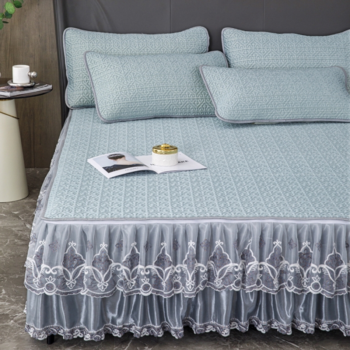 91家纺网 家纺一手货源 找家纺 纽缦家纺 2022新款纯色肌理纹床裙三件套 肌理纹蓝色