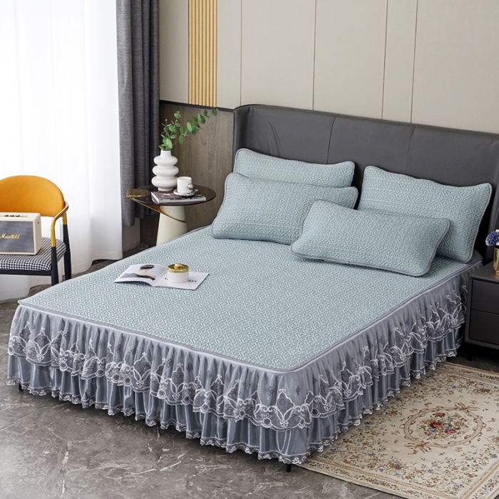 91家纺网 家纺一手货源 找家纺 纽缦家纺 2022新款纯色肌理纹床裙三件套 肌理纹蓝色