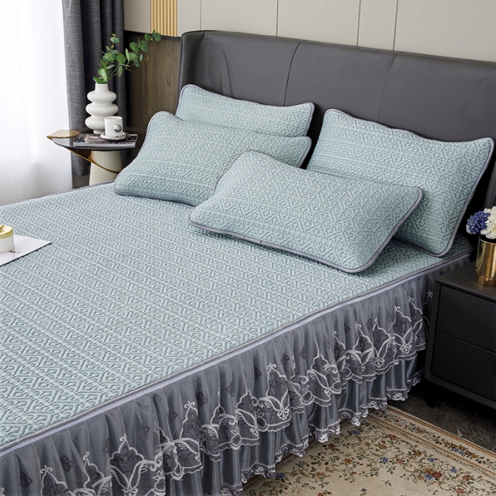 91家纺网 家纺一手货源 找家纺 纽缦家纺 2022新款纯色肌理纹床裙三件套 肌理纹蓝色