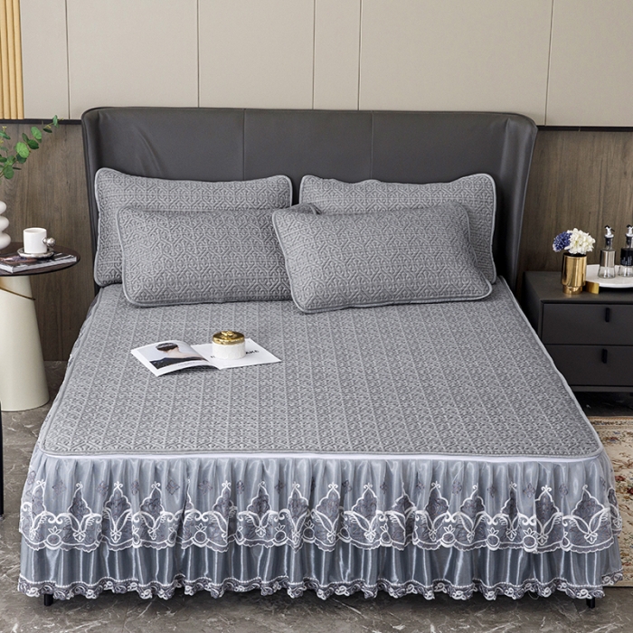 91家纺网 家纺一手货源 找家纺 纽缦家纺 2022新款纯色肌理纹床裙三件套 肌理纹深灰