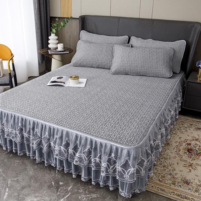 91家纺网 家纺一手货源 找家纺 纽缦家纺 2022新款纯色肌理纹床裙三件套 肌理纹深灰