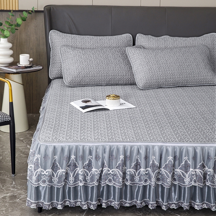 91家纺网 家纺一手货源 找家纺 纽缦家纺 2022新款纯色肌理纹床裙三件套 肌理纹深灰