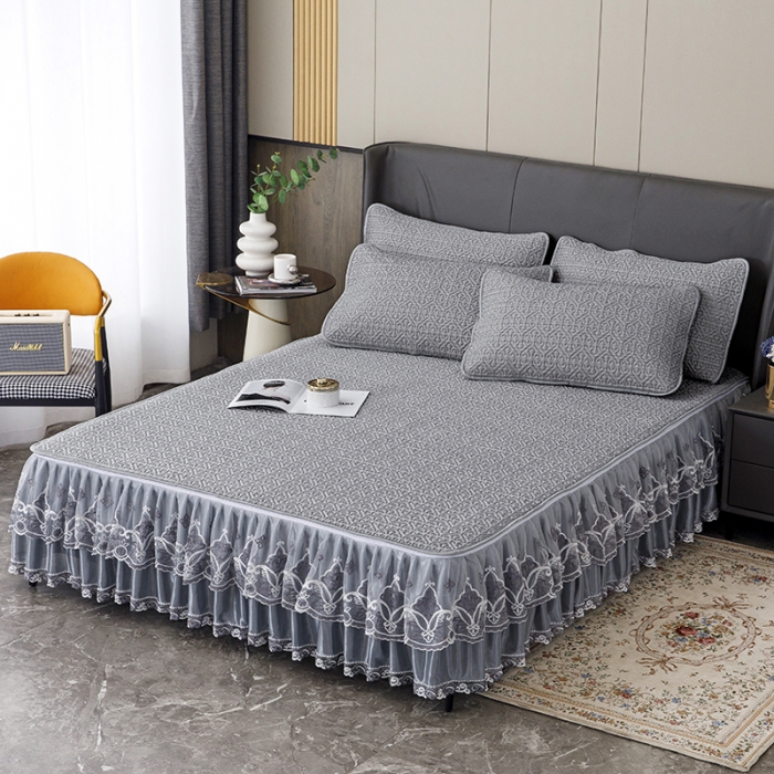 91家纺网 家纺一手货源 找家纺 纽缦家纺 2022新款纯色肌理纹床裙三件套 肌理纹深灰