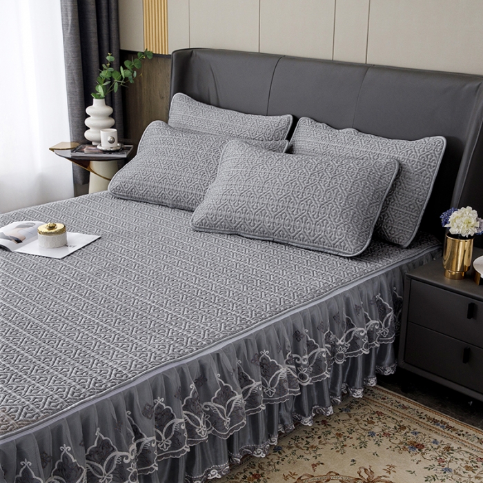 91家纺网 家纺一手货源 找家纺 纽缦家纺 2022新款纯色肌理纹床裙三件套 肌理纹深灰