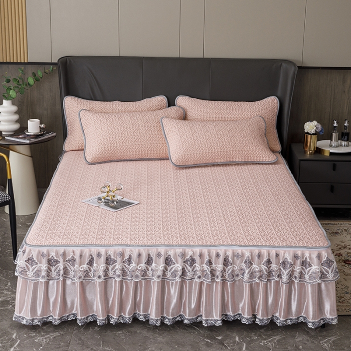 91家纺网 家纺一手货源 找家纺 纽缦家纺 2022新款纯色肌理纹床裙三件套 肌理纹玉色