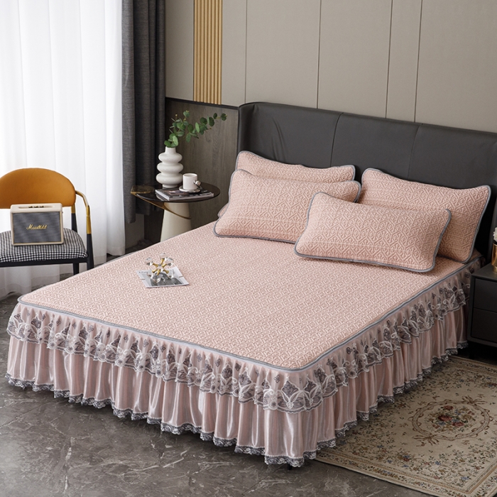 91家纺网 家纺一手货源 找家纺 纽缦家纺 2022新款纯色肌理纹床裙三件套 肌理纹玉色