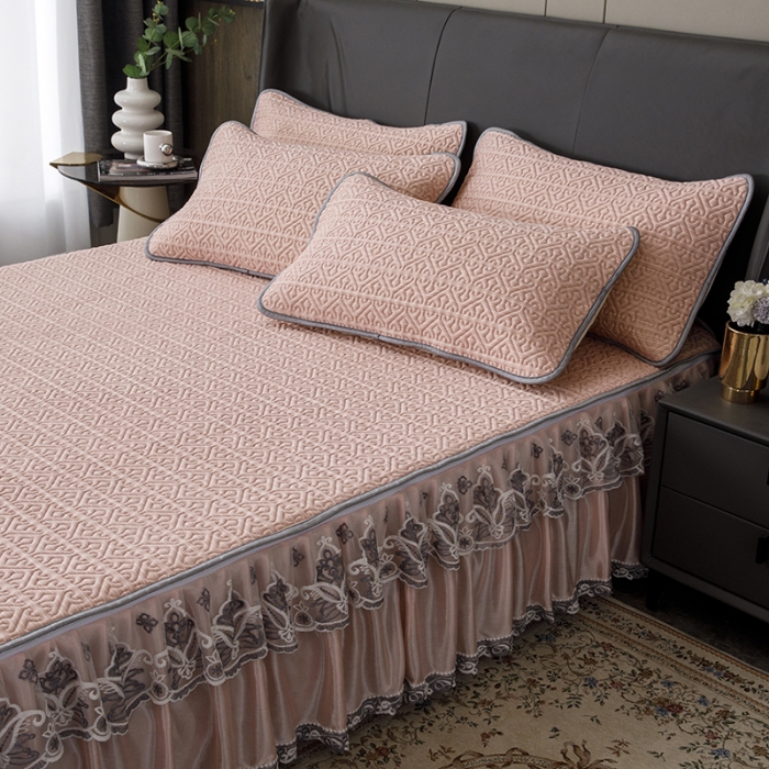 91家纺网 家纺一手货源 找家纺 纽缦家纺 2022新款纯色肌理纹床裙三件套 肌理纹玉色