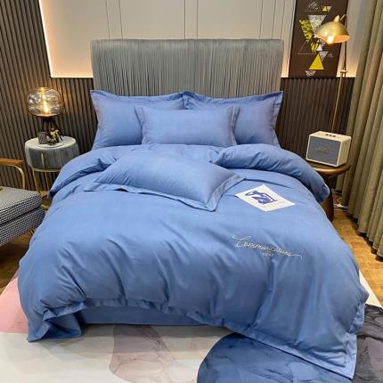 麦芽家纺 2022新款锦棉银杏叶肌理纹磨毛绣花宽边四件套 简爱-黛蓝