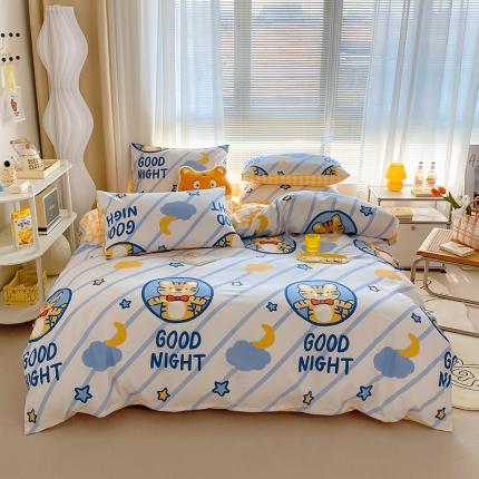 91家纺网 家纺一手货源 找家纺 田野 2022新13372全棉印花小清新四件套纯棉床笠三件套 晚安虎