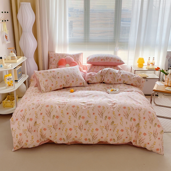 91家纺网 家纺一手货源 找家纺 田野 2022新13372全棉印花小清新四件套纯棉床笠三件套 蔓春