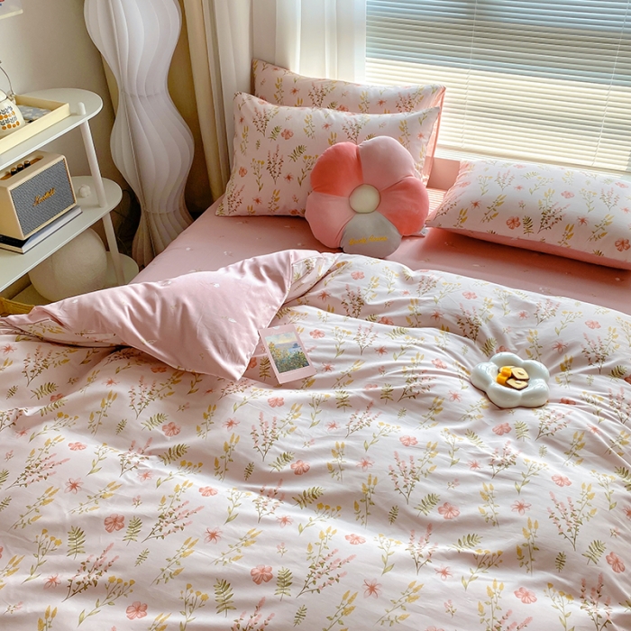 91家纺网 家纺一手货源 找家纺 田野 2022新13372全棉印花小清新四件套纯棉床笠三件套 蔓春