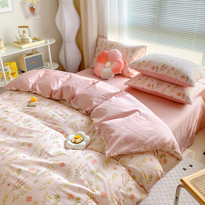 91家纺网 家纺一手货源 找家纺 田野 2022新13372全棉印花小清新四件套纯棉床笠三件套 蔓春