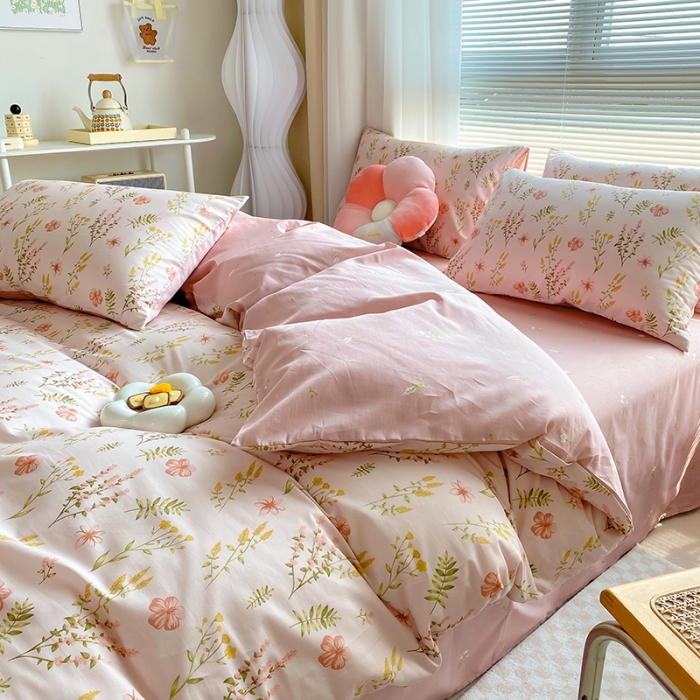 91家纺网 家纺一手货源 找家纺 田野 2022新13372全棉印花小清新四件套纯棉床笠三件套 蔓春