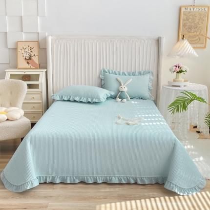 91家纺网 家纺一手货源 找家纺 其奥 2025新款40S全棉水洗棉韩版荷叶边夹棉床盖三件套 海盐蓝