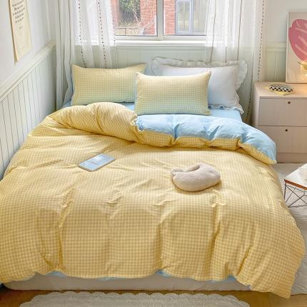 91家纺网 家纺一手货源 找家纺 （总）桃子家居 2022韩系ins奶油条格撞色纯棉四件套