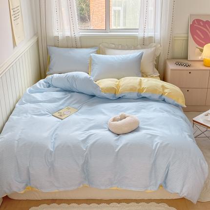 91家纺网 家纺一手货源 找家纺 （总）桃子家居 2022韩系ins奶油条格撞色纯棉四件套