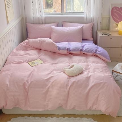 91家纺网 家纺一手货源 找家纺 桃子家居 2022韩系ins奶油条格撞色纯棉四件套粉条紫紫