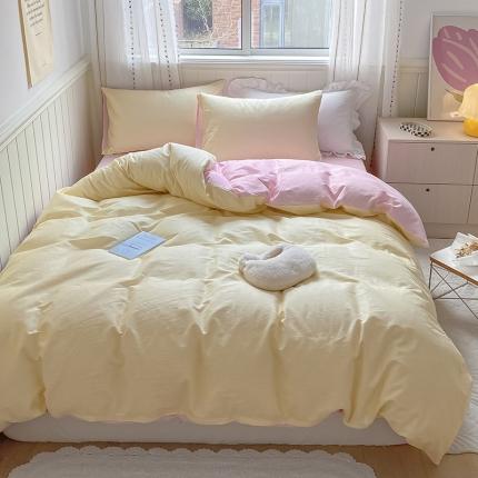91家纺网 家纺一手货源 找家纺 桃子家居 2022韩系ins奶油条格撞色纯棉四件套黄条粉粉