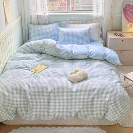 91家纺网 家纺一手货源 找家纺 桃子家居 2022韩系ins奶油条格撞色纯棉四件套蓝格苏打